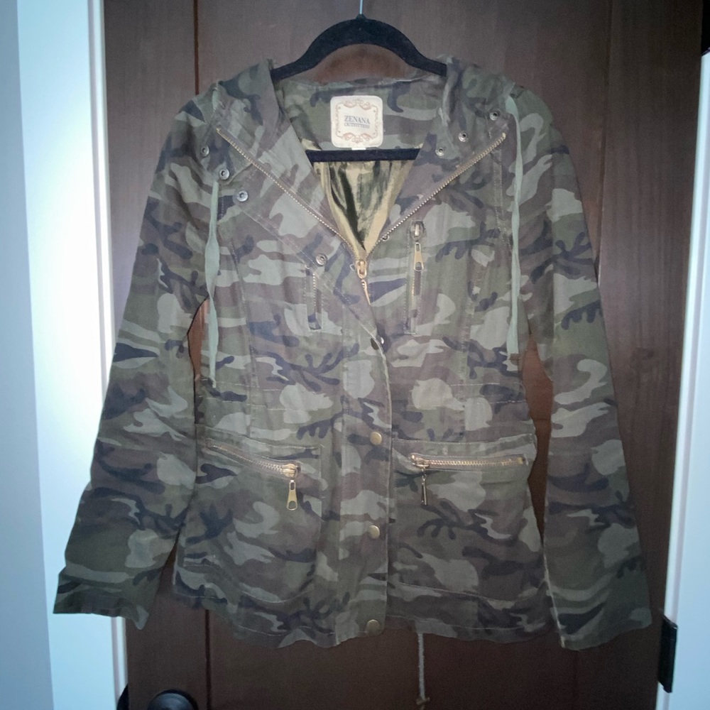 Camo jacket with gold zippers